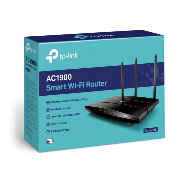Imagine Router Wireless Gigabit MU-MIMO AC1900, TP-LINK Archer A9 (include timbru verde 1 leu)